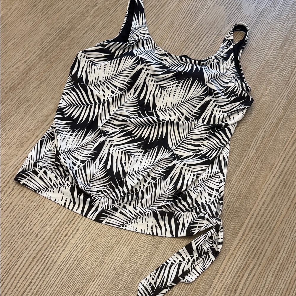 Black & White Palm Print Tankini Top with Side Tie - 16
